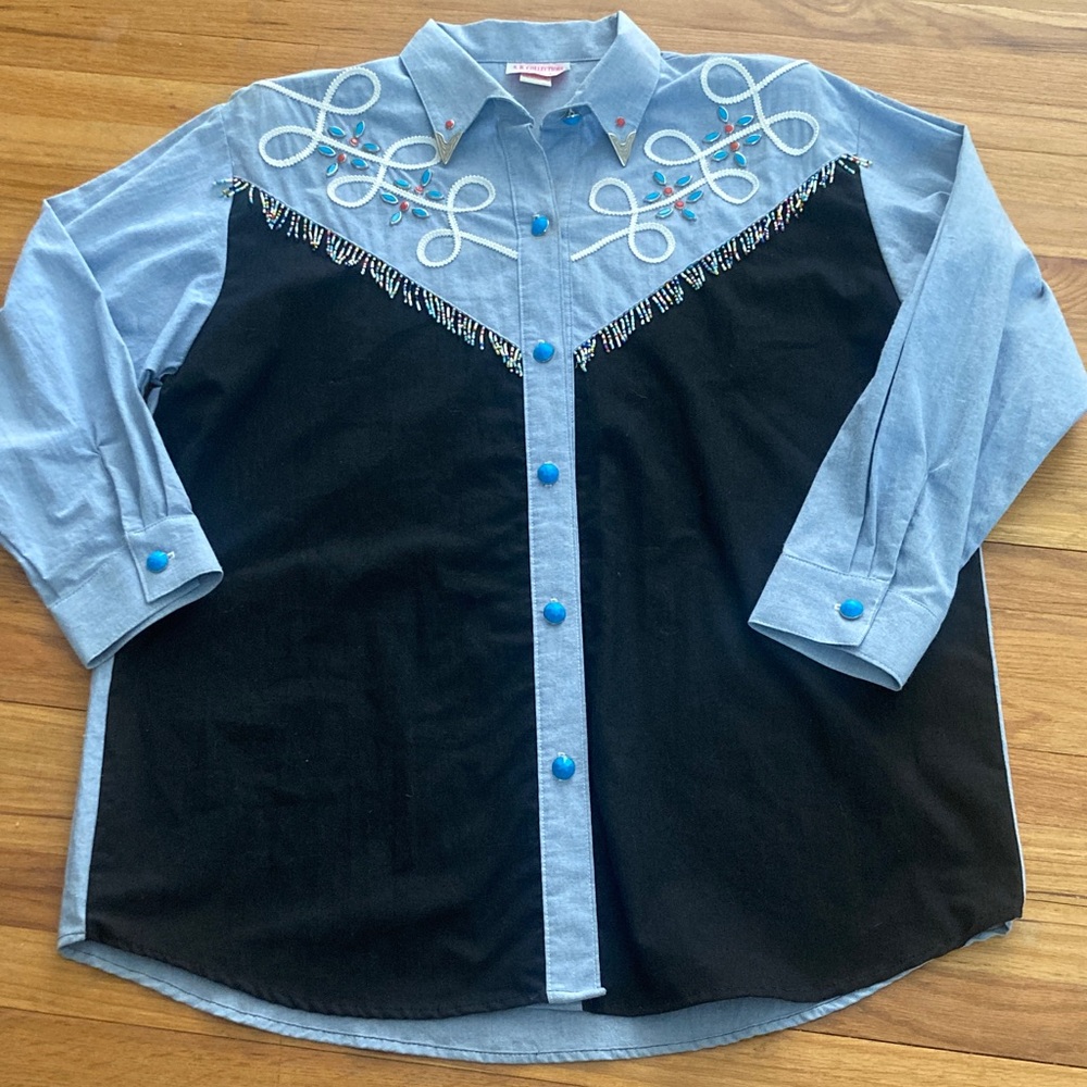 Vintage S.B.Collections Two -Tone Beaded Button-Down Shirt L